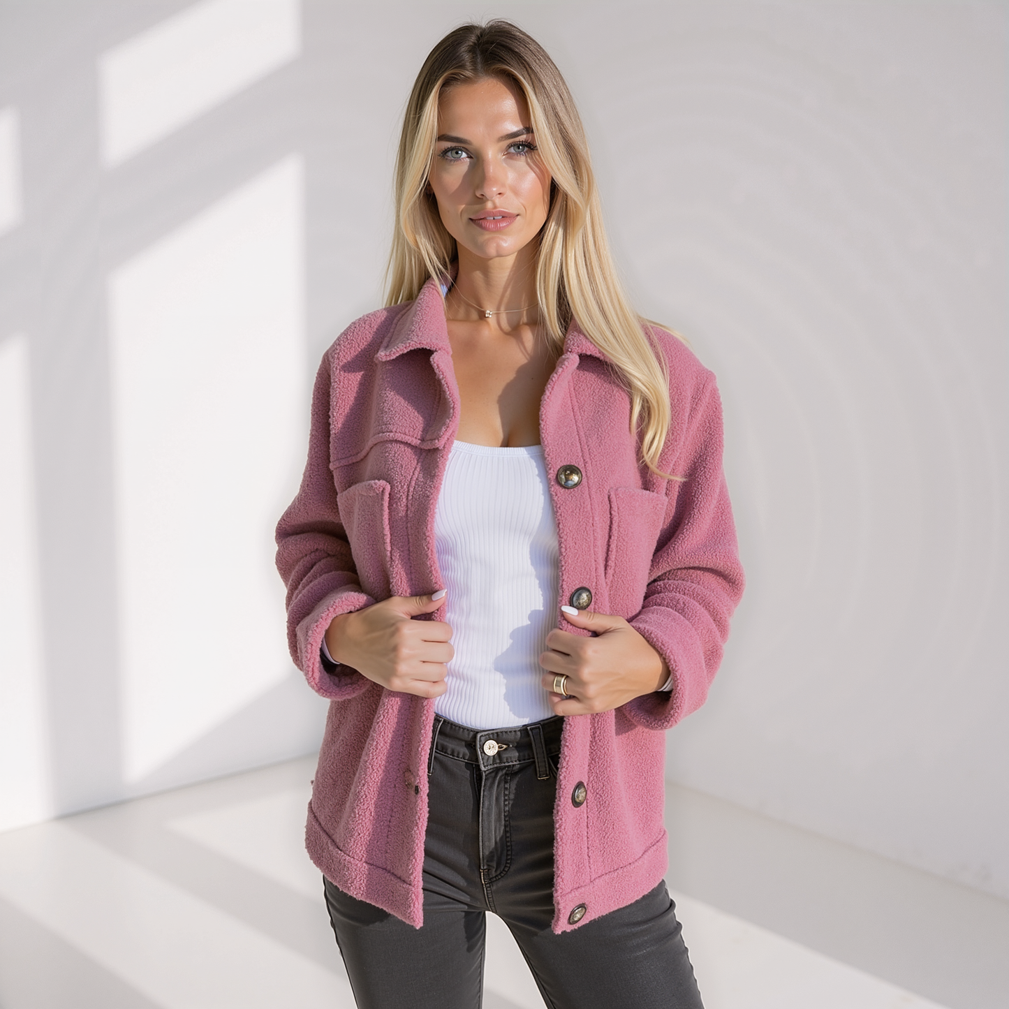 Damen Herbstjacke Weich Teddylook mit Knöpfen