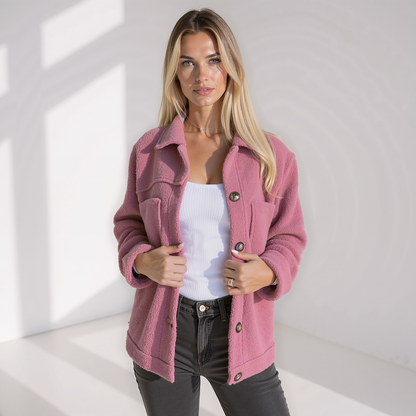 Damen Herbstjacke Weich Teddylook mit Knöpfen