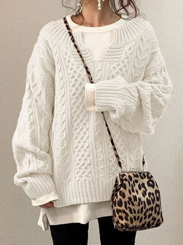Damen Grobstrick Pullover Mit Schlitzkragen