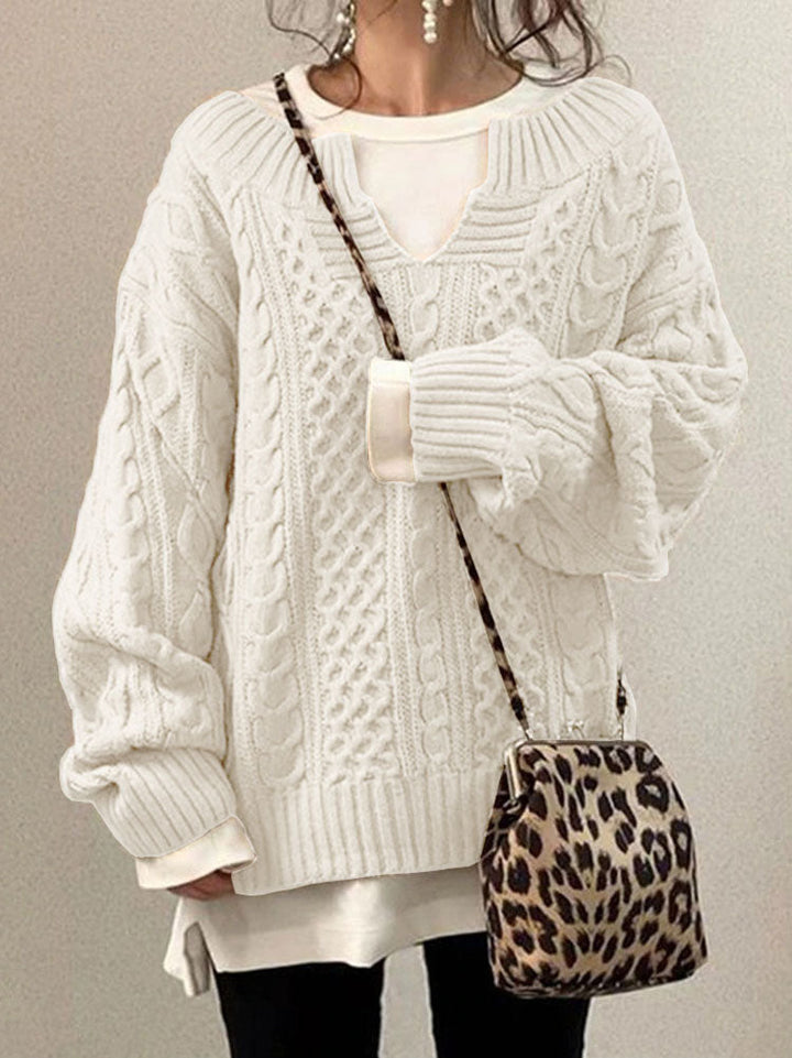 Damen Grobstrick Pullover Mit Schlitzkragen