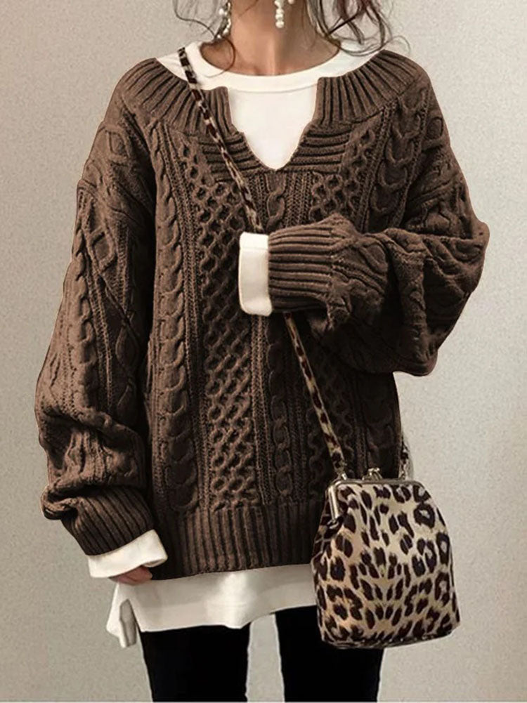Damen Grobstrick Pullover Mit Schlitzkragen