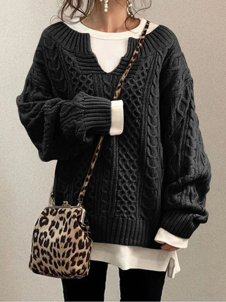 Damen Grobstrick Pullover Mit Schlitzkragen