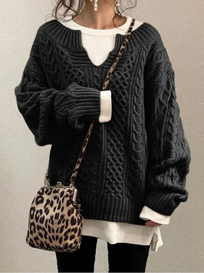 Damen Grobstrick Pullover Mit Schlitzkragen
