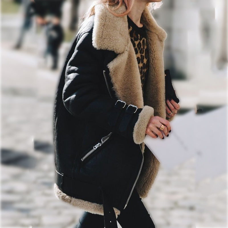 Damen Winterjacke Aviator Style Kunstfell Mantel