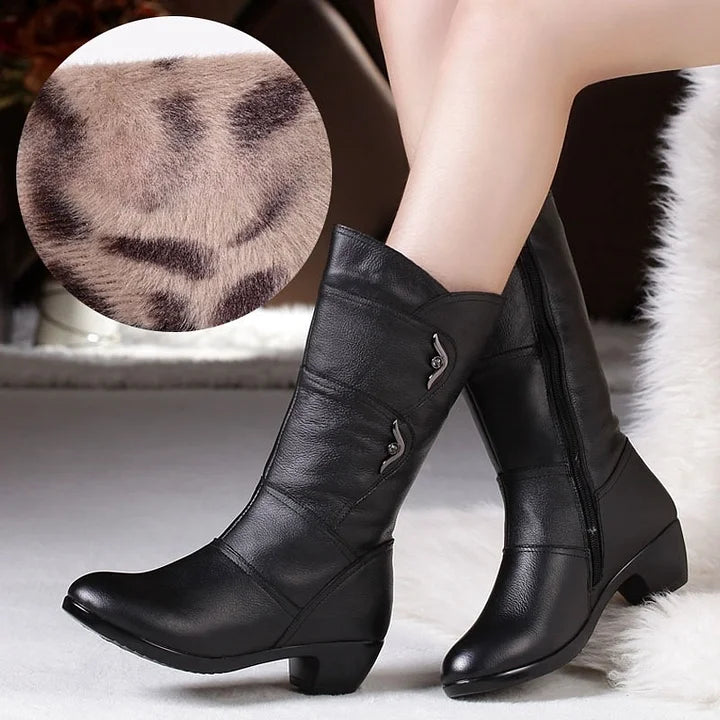 Damen Stiefel Schwarz Leder Chic