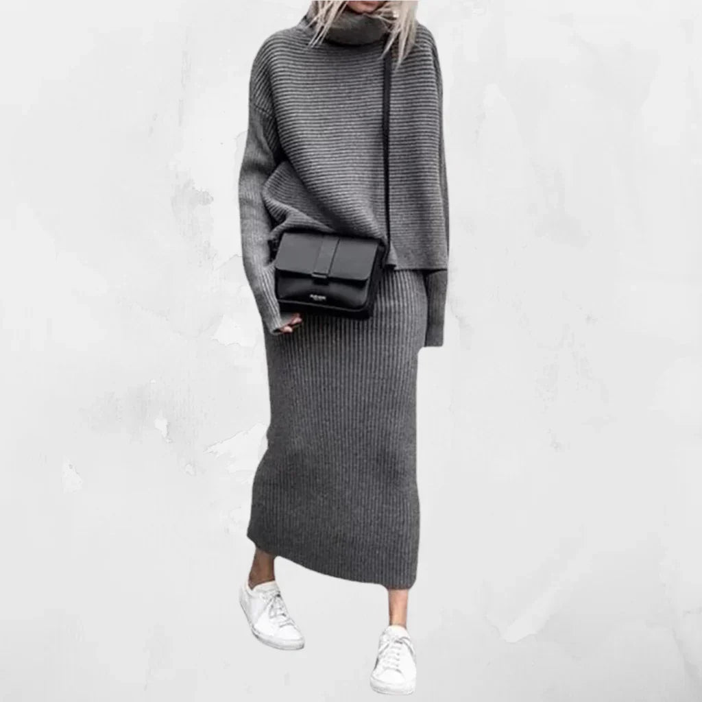 Damen Pullover Set Rollkragen Strickrock