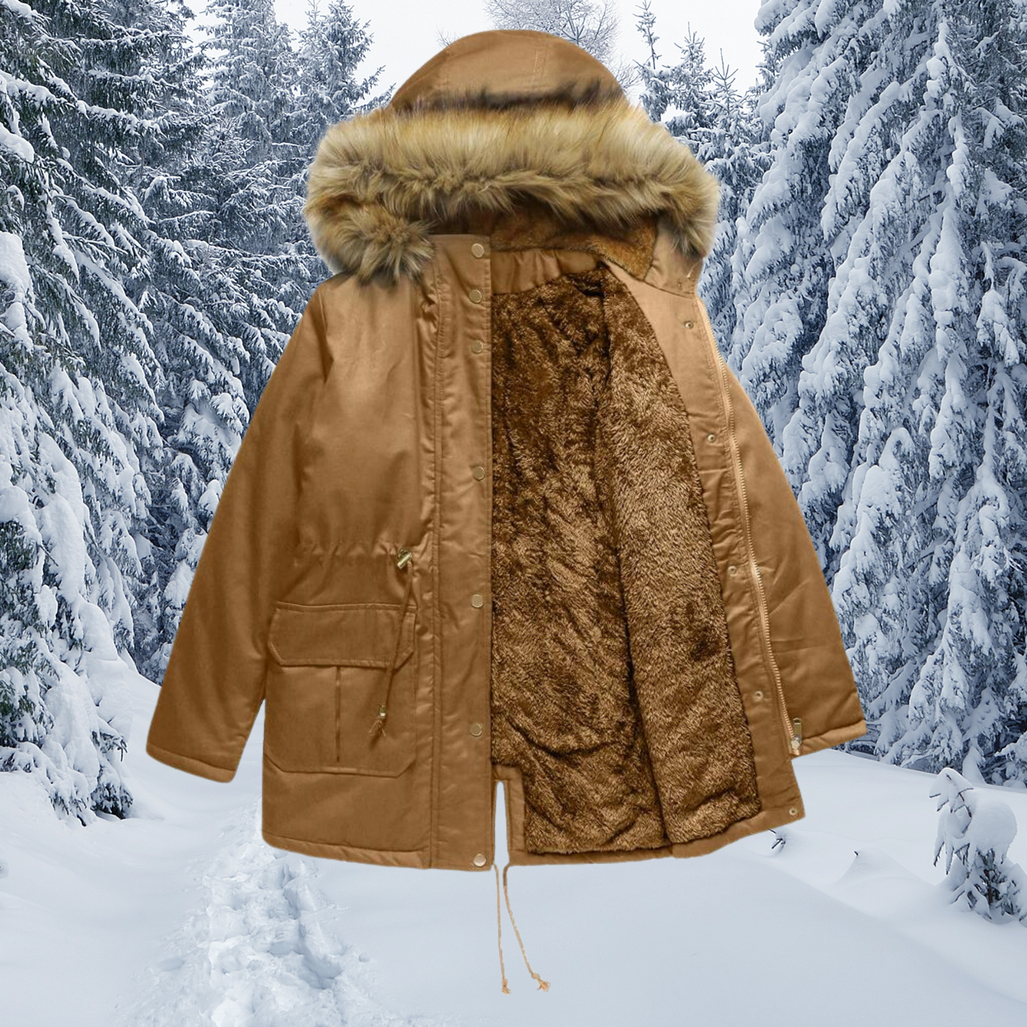 Wintermantel Damen Warm Kapuze Pelzverbramt - IdealeKleiden