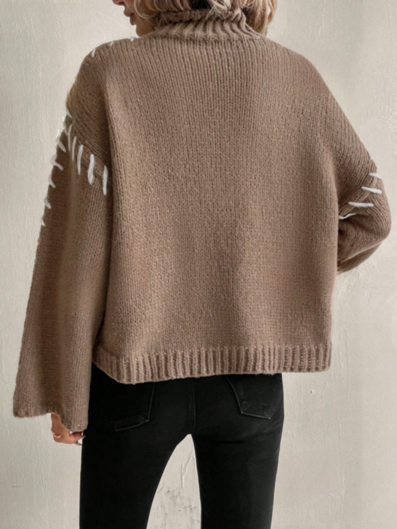 Damen Strickpullover Bunt Patchwork Rollkragen Modell - IdealeKleiden