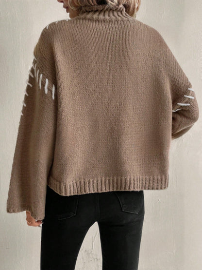 Damen Strickpullover Bunt Patchwork Rollkragen Modell - IdealeKleiden