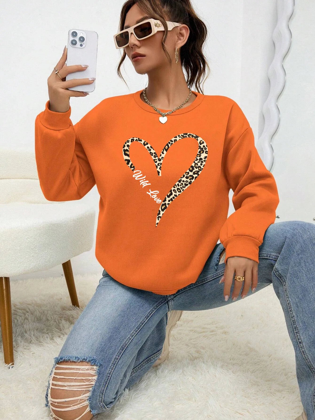 Modische Sweatjacke Leopard Herz Muster Frauen