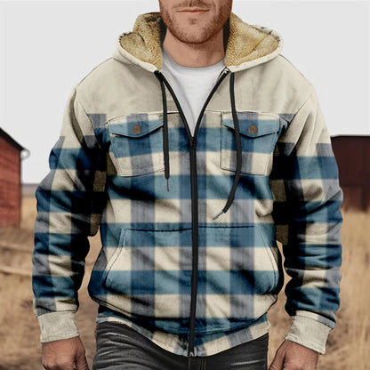 Herren Flanellhemd Kariert Fleece Warm Kapuze