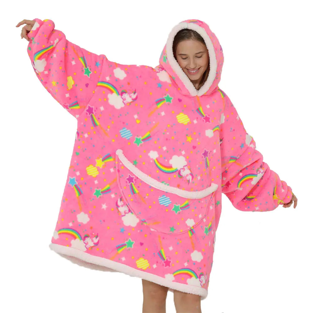 Übergroße Fleece-Decke mit Kapuze und Taschen
