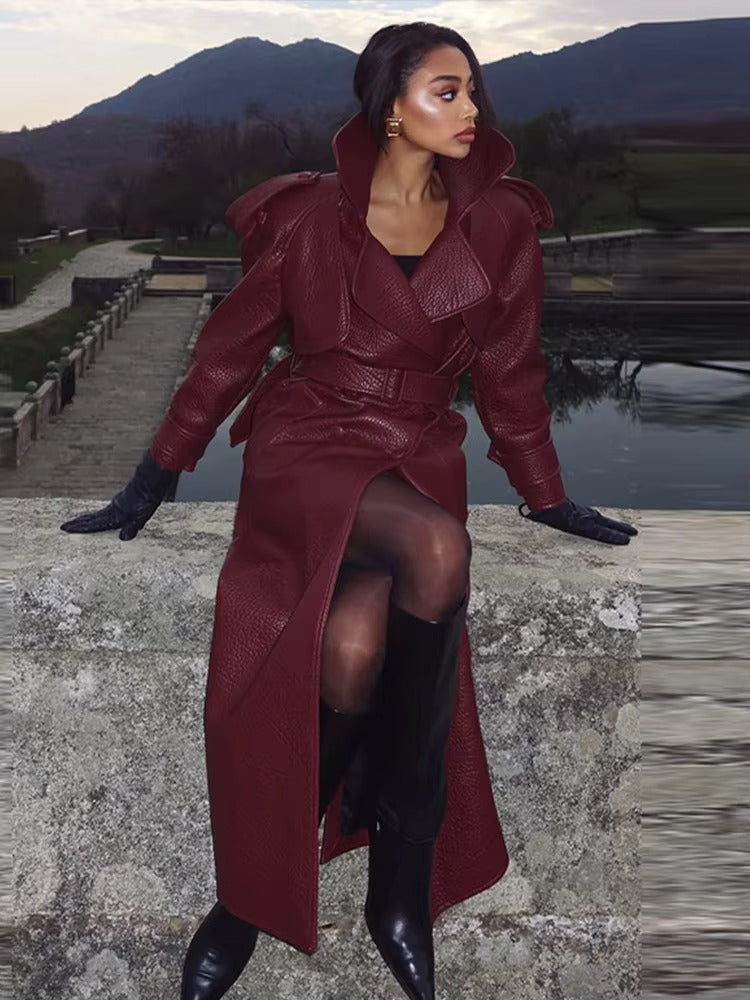 Damen Leder-Trenchcoat Lang Elegant Winter