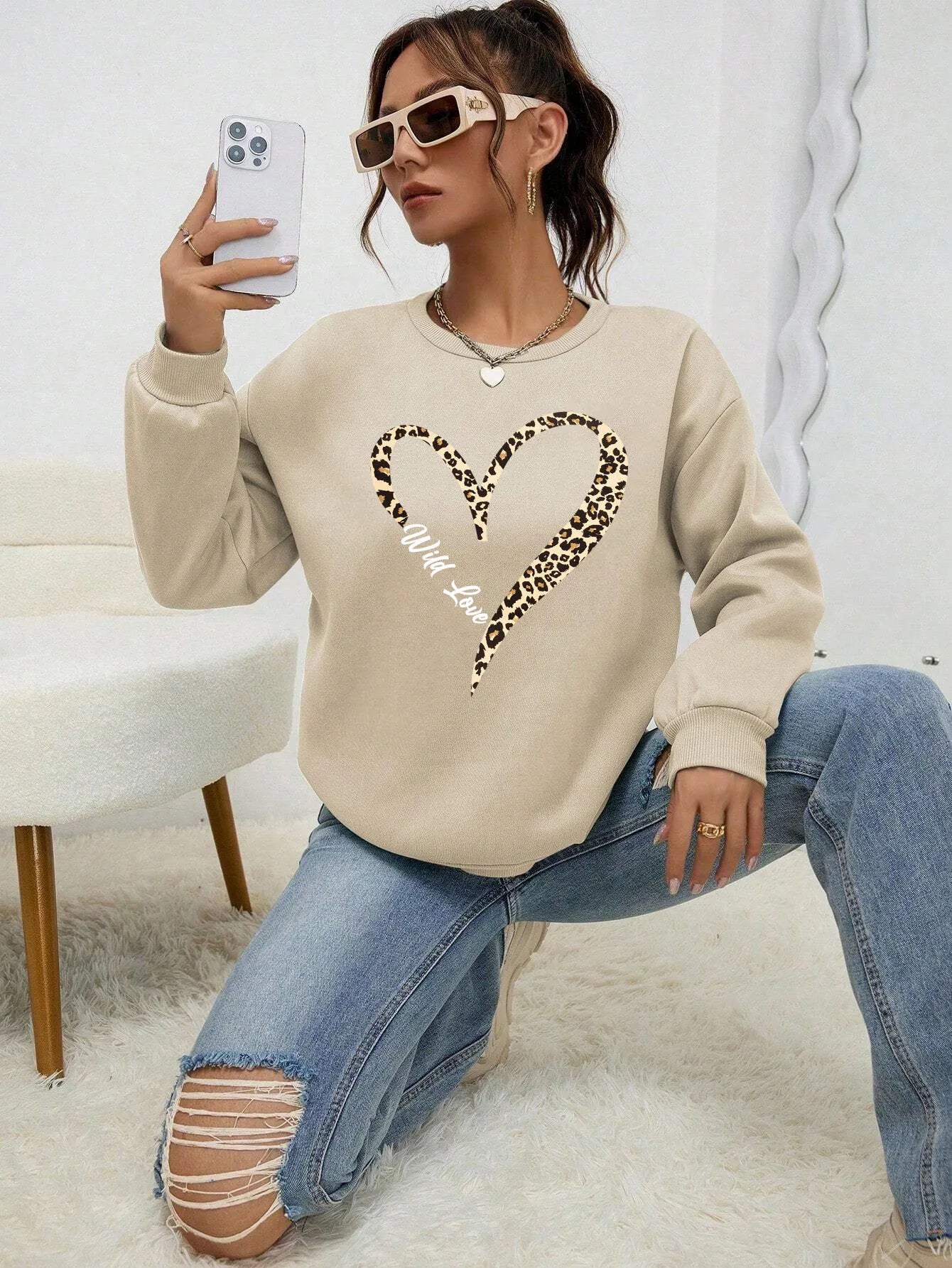 Modische Sweatjacke Leopard Herz Muster Frauen