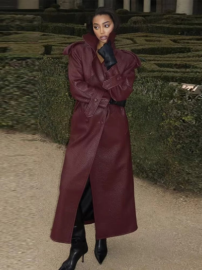 Damen Leder-Trenchcoat Lang Elegant Winter