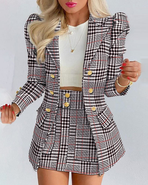 Damen Chic Kariertes Blazer-Rock-Set