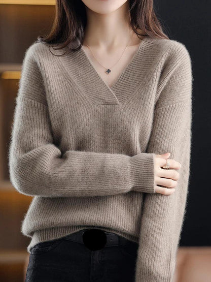 Damen Pullover V-Ausschnitt Langarm Strick