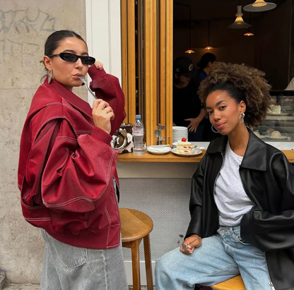 Damen Lederjacke Oversized Rot Modisch - IdealeKleiden