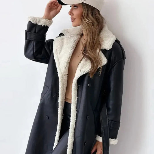 Lange Damenjacke Fleece Teddykragen Warm - IdealeKleiden