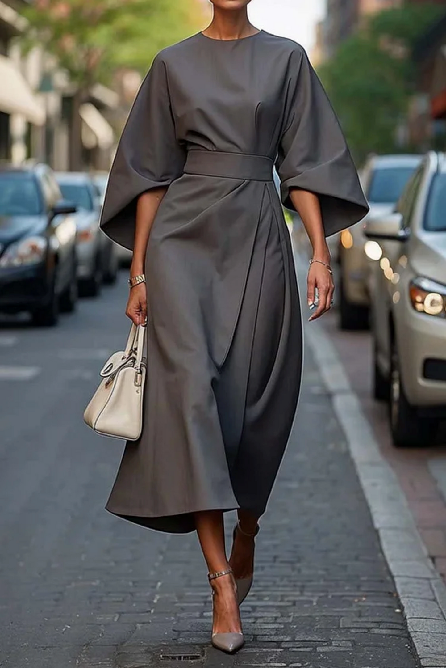 Damen Midikleid Elegant Taillengürtel