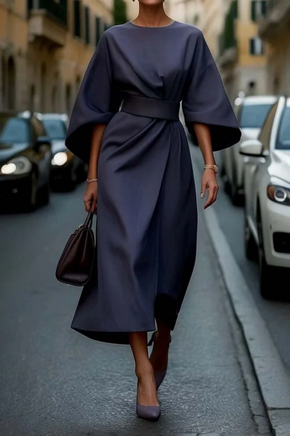 Damen Midikleid Elegant Taillengürtel