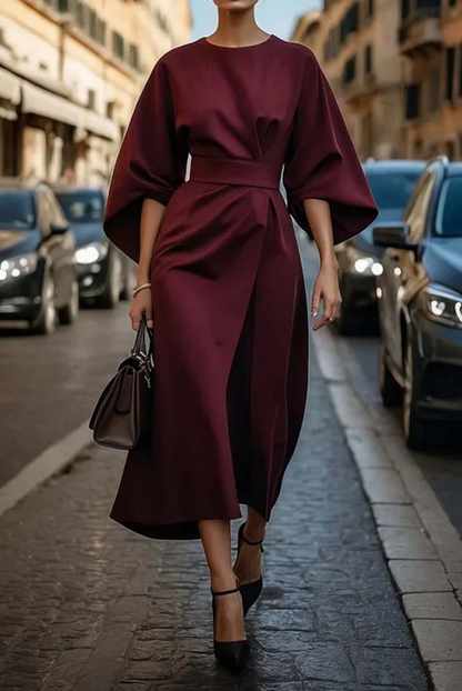 Damen Midikleid Elegant Taillengürtel