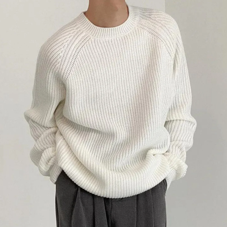 Bequemer Strickpullover Rundhals Weiss