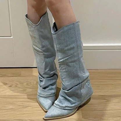 Mode Kniestiefel Damen Cool Jeansstil