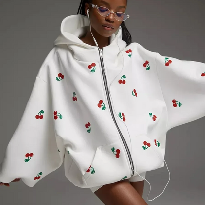 Modische Damenjacke Weiß Kirsch-Print