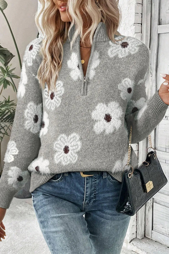 Damen Pullover Blumenmuster Halbzipp