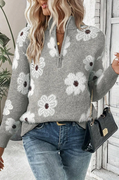 Damen Pullover Blumenmuster Halbzipp