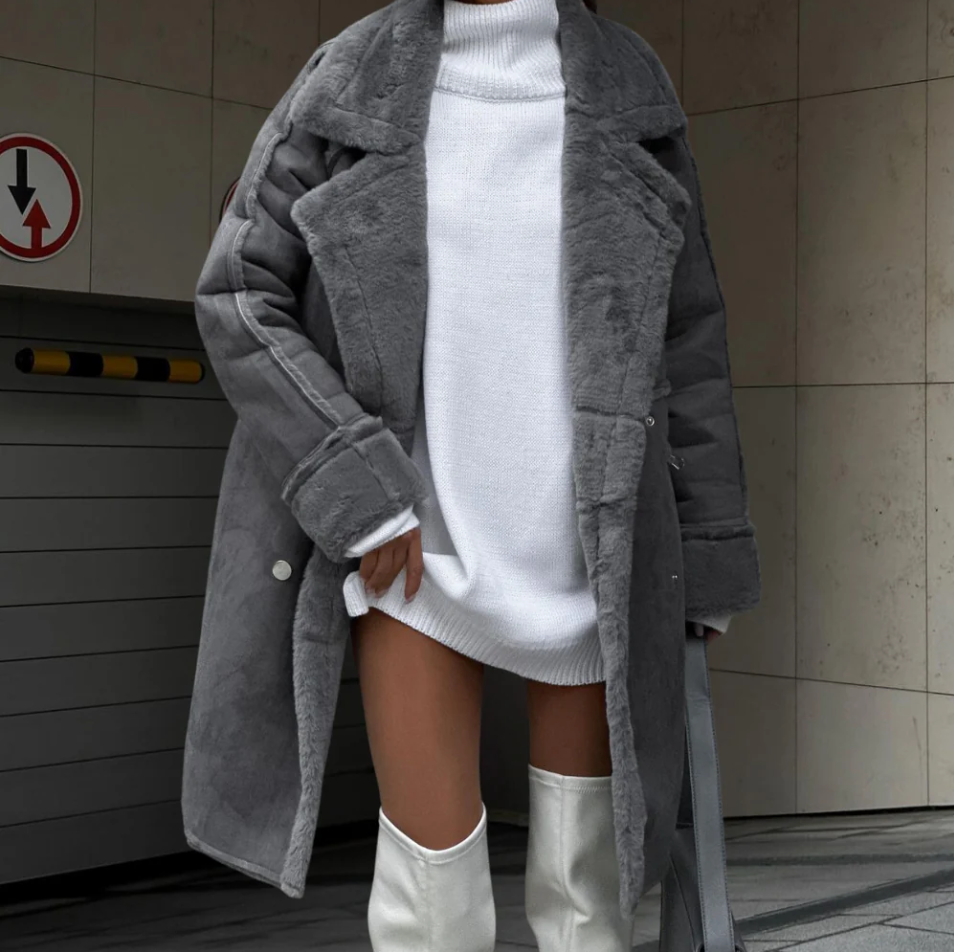 Elegante Damen Plüschjacke Lang Mantel