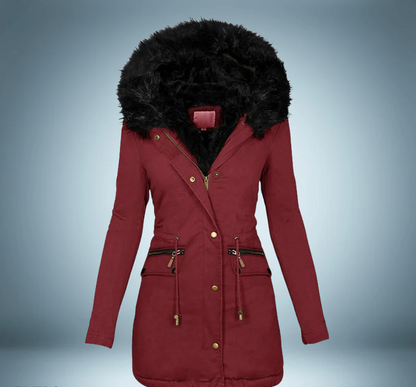 Stylische Parka Damen Schwarz Pelzbesatz