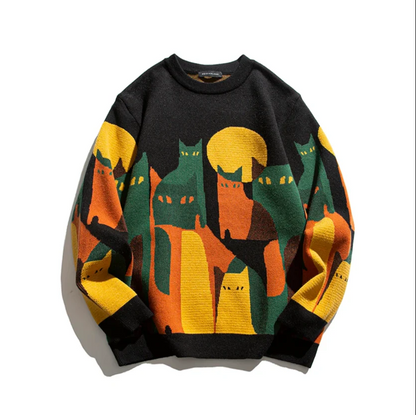 Kuschel-Pullover Damen Katzenmuster Weich
