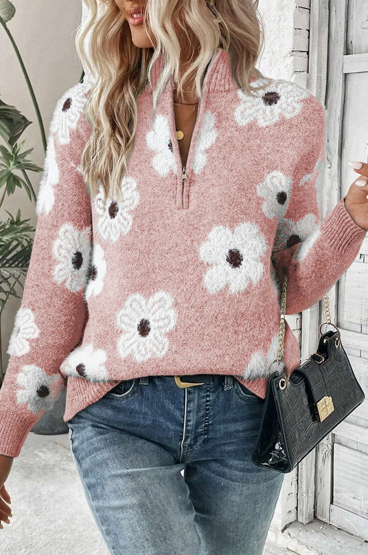 Damen Pullover Blumenmuster Halbzipp