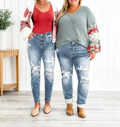 Ripped Boyfriend Jeans mit Bündchen - IdealeKleiden
