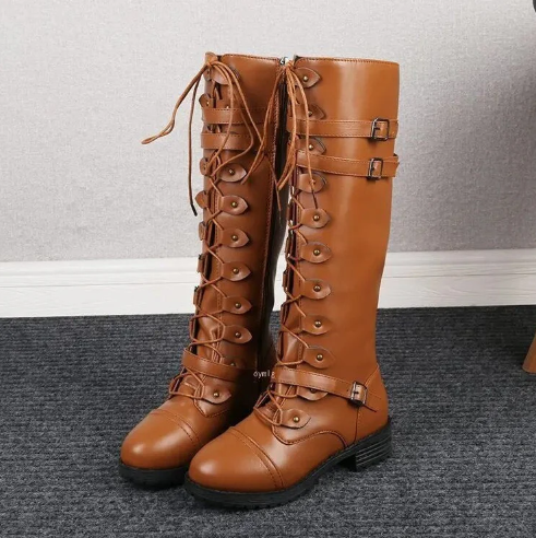 Retro Stiefel Damen Flach Schnalle Schnürsenkel