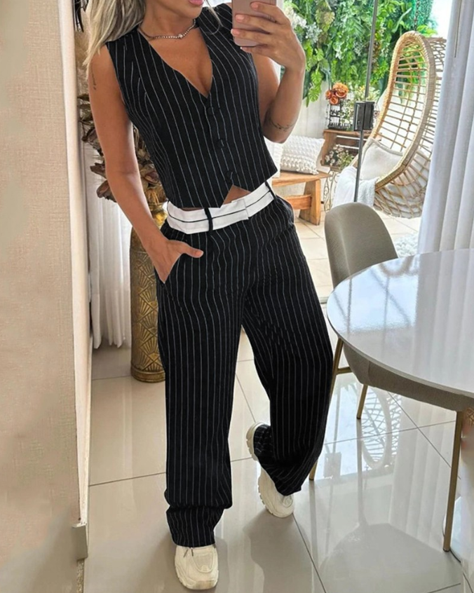 Striped Weste Hose Set 2-teilig Taschenlook - IdealeKleiden