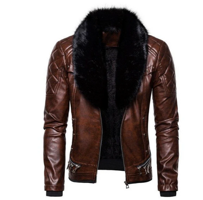 Herren Lederjacke Bikerstil Abnehmbarer Kragen