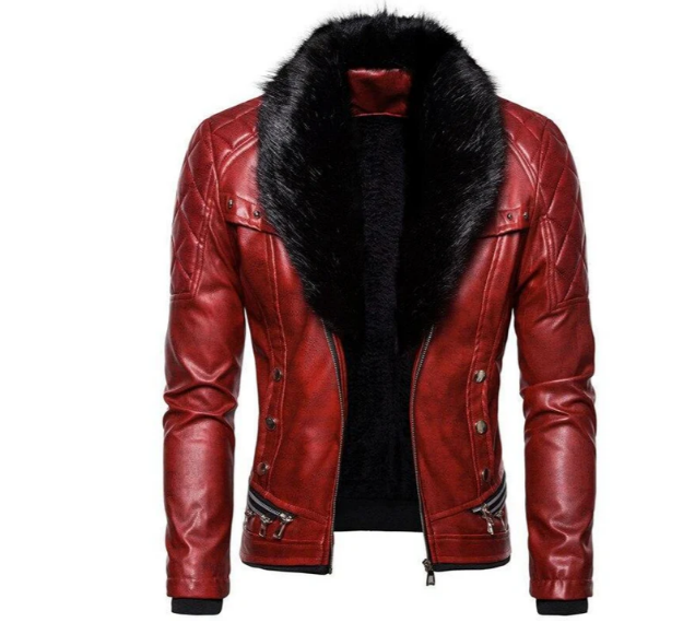 Herren Lederjacke Bikerstil Abnehmbarer Kragen
