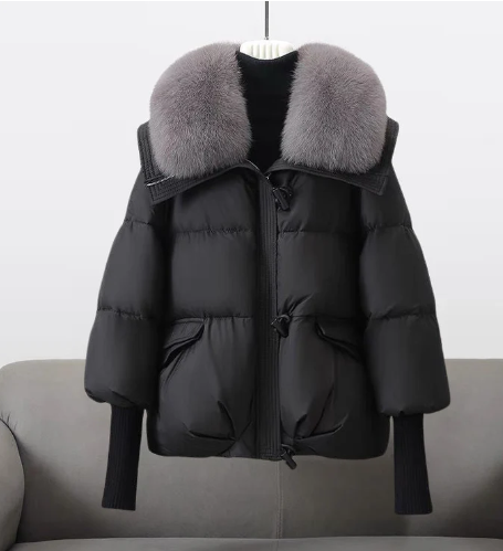 Wattierte Steppjacke Damen Pelzverbrämung Winter - IdealeKleiden