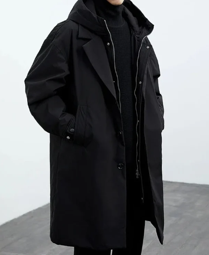 Herren Trenchcoat Kapuze Knopfverschluss Elegant