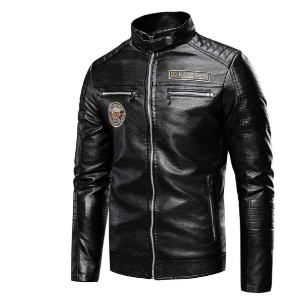 Herren Lederjacke Biker Stil Mit Patches