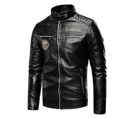 Herren Lederjacke Biker Stil Mit Patches