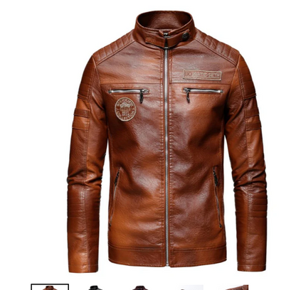 Herren Lederjacke Biker Stil Mit Patches