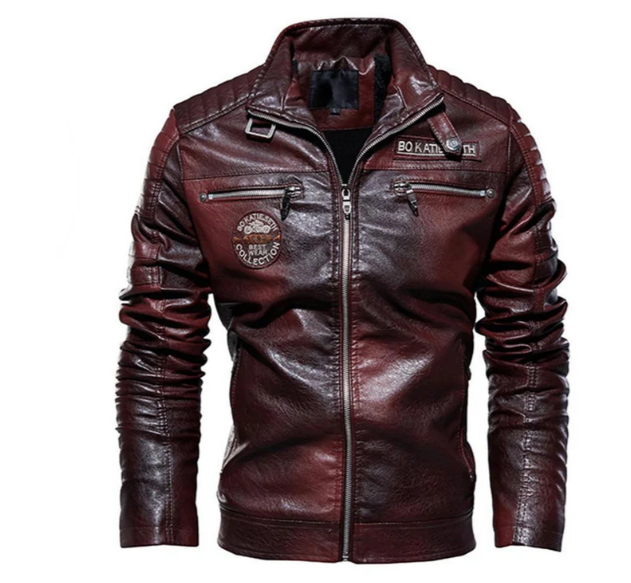 Herren Lederjacke Biker Stil Mit Patches - IdealeKleiden