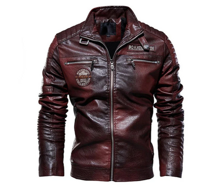 Herren Lederjacke Biker Stil Mit Patches - IdealeKleiden