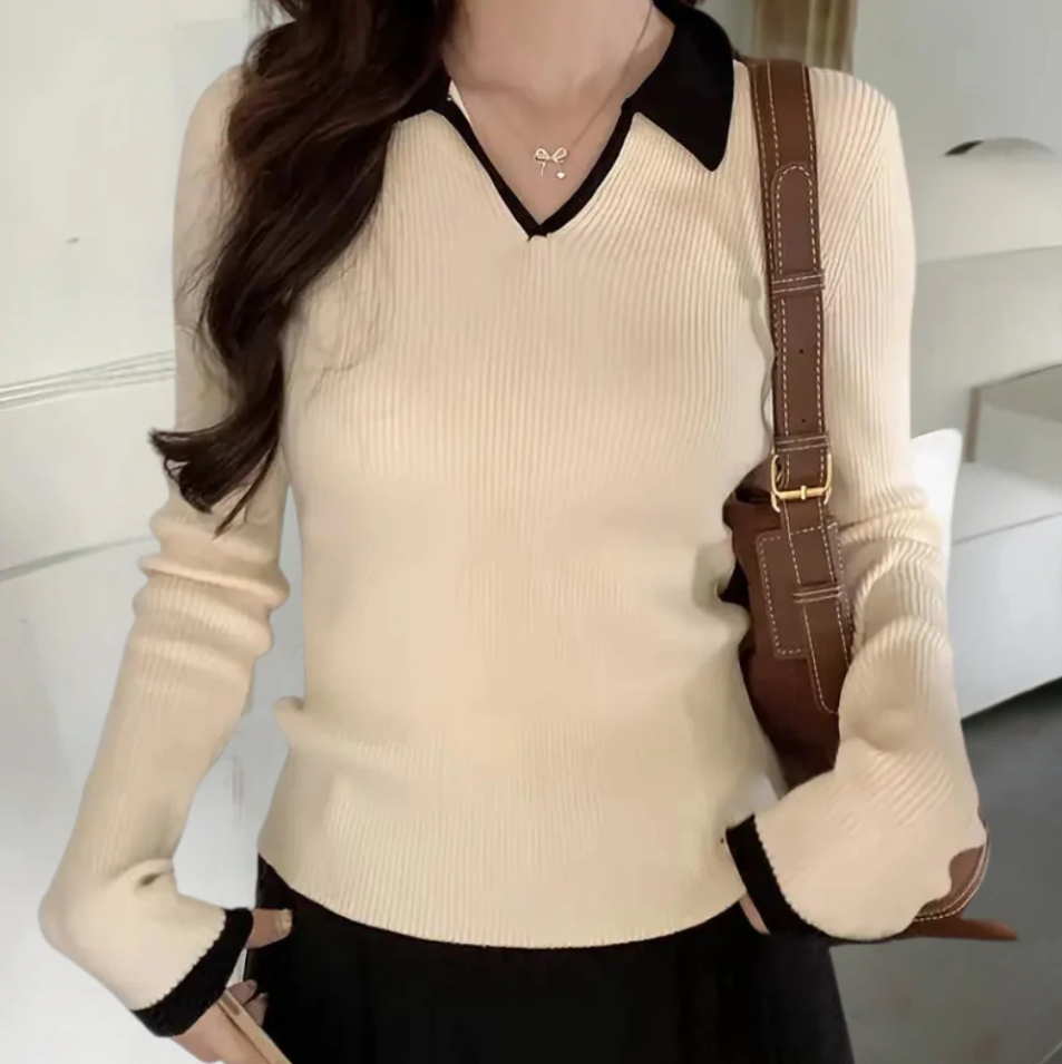 Damen Pullover Modern Kontrastkragen