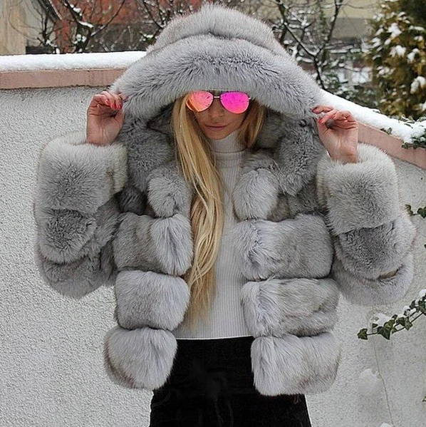 Luxus Damenjacke Kapuze Kunstfell Look - IdealeKleiden