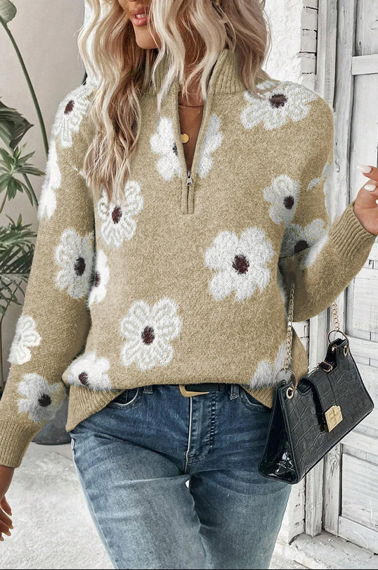 Damen Pullover Blumenmuster Halbzipp